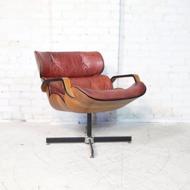 Vintage mcm PlyCraft walnut Segmental armchair lounge chair with burgundy leather upholstery | Free delivery in NYC and Hudson Valley areas 