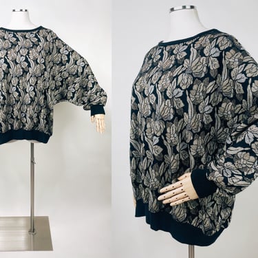 1980s Oversized Pullover Novelty Print Black Sweater w Gold & Silver Metallic Leaves by Top Notch O/S | Vintage, Glitter, Sparkle, Comfy 