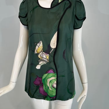 Prada Fairy James Jean Spring 2008 Forest Green Print Silk Top