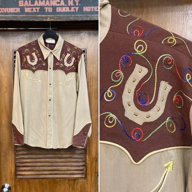 Vintage 1950’s “H Bar C Ranchwear” Horseshoe Western Cowboy Gabardine Rockabilly Shirt, 50’s Snap Button Shirt, Vintage Clothing 