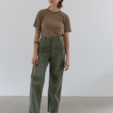 Vintage 29 Waist Olive Green Patched Cargo Army Pants | Unisex Herringbone Twill Utility Fatigues Military Trouser | Button Fly | 