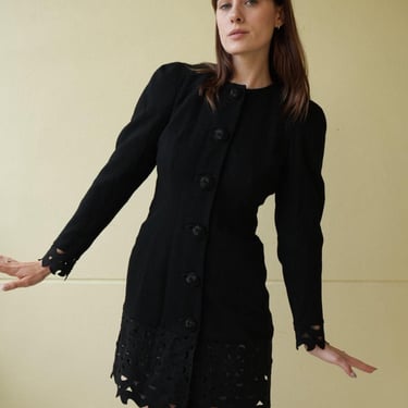 Vintage Wool Blazer Dress with Cut Out Hem / 80's Suit Jacket / Holiday Party Shoulder Pads / Oversized Jacket / Jet Black Beaded Buttons 