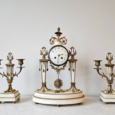 Antique French Louis XVI Style Gilt Bronze Ormolu Mounted Alabaster Mantel Clock Candelabra Garniture Set Attrib to Raingo Freres 