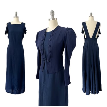40s Navy Crepe Floor Length Dress with Jacket / 1940s Vintage Gown / Medium / Size 8 