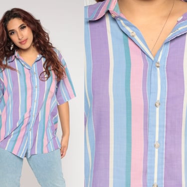 Striped Shirt 90s Button Up Shirt Pink Purple Green Retro Short Sleeve Collared Top Summer Pocket Boyfriend Shirt Vintage 1990s 2xl xxl 