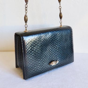 1970's Koret Black Snake Embossed Leather Structured Purse Gold Beaded Shoulder Chain Formal Evening Bag 70's Evening Purses 