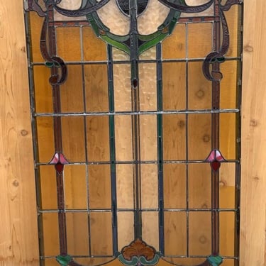 Antique Wrought-Iron Framed Stained Glass Window/Door