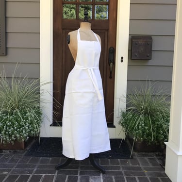 French White Linen Apron, Chef, Cook, Baker, French Farmhouse Cuisine, Front Pocket, Edwardian 