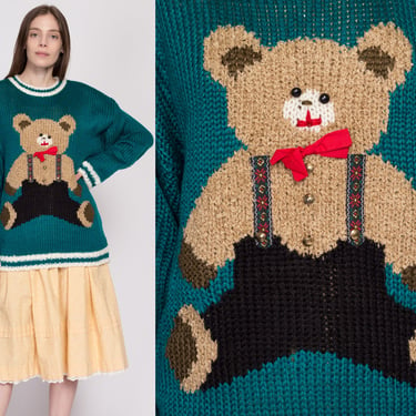 2X| 80s Teddy Bear Novelty Sweater, Deadstock - 2X | Vintage Green Knit Cute Animal Pullover Jumper 