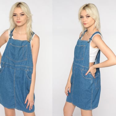 Levis Overall Dress 90s Denim Jumper Dress Mini Jean Bib Pinafore Shift 1990s Grunge Pocket Blue Normcore Vintage Minidress Retro Medium M 