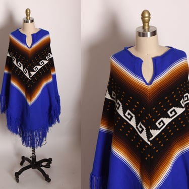 1970s Blue, Brown, Black and White Ombre Southwestern Style Fringe Poncho 