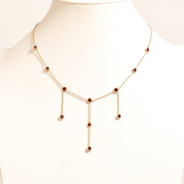 Elegant 14K Garnet Station 3-Tassel Choker Necklace, Minimalist Bezel-Set Drop Necklace, Ladies Gold Chain, 16