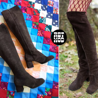 US Size 6.5 - Vintage 60s 70s Dark Brown Half-Knee Black Suede Dream Boots 