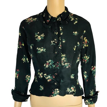 Vintage 1940's Victorian Inspired Calico Floral Rayon Blouse Jacket by Bullock's Wilshire - size XS Extra Small 