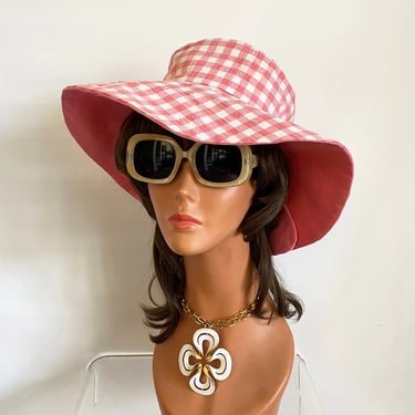 14# Pink Gingham Seersucker Vintage Fabric Floppy Hat • Rockabilly Hillbilly Pin Up Hippie Boho Beach Party Pool Sun Cap • Preppy Plaid by elliemayhems