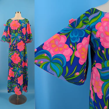 Seventies Psychedelic Handmade Bell Sleeve Maxi Dress - Medium 70s Bright Floral Print Dress 