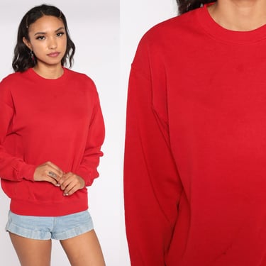 Red Crewneck Sweatshirt 90s Plain Long Sleeve Shirt Crewneck Sweatshirt Slouchy Vintage Sweat Shirt Small Medium 