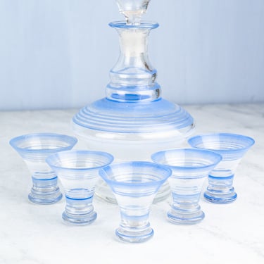 Vintage French Blue Stripe Decanter and Set of 5 Glasses