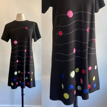 Cute Vintage 80s ABSTRACT DOTS Shift Dress / Colored Buttons Down Back 