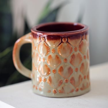 Vintage GR Embossed handmade pottery fall textured mug burnt red orange tan 