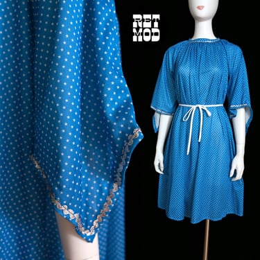 Magical Vintage 70s Blue & White Star Patterned Muumuu Dress with Witchy Sleeves 