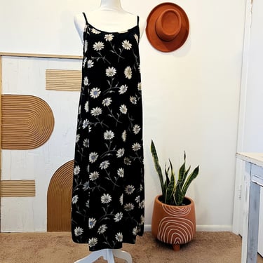 Vintage 90s Byer Too! Black Rayon Daisy Floral Print Strappy Midi Dress 