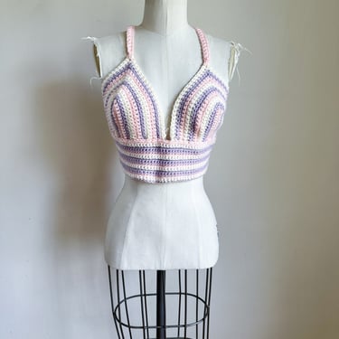 Vintage 1970s Granny Square Crochet Halter Top / fits many with C-D cup size 