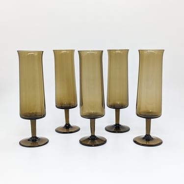 Vintage 1980s Amber Champagne Flutes, Set of 5 