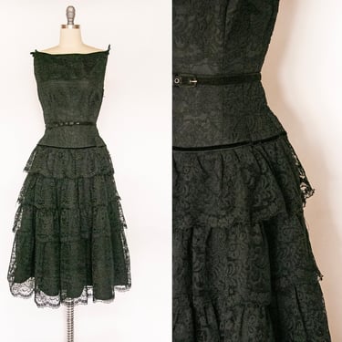 1950s Dress Black Lace Tiered Full Skirt S 