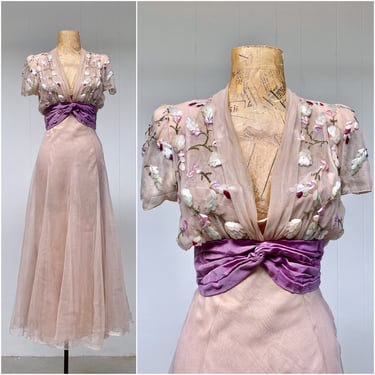 Vintage 1940s I. Magnin Evening Gown, 40s Beaded Blush Silk Chiffon Bias Cut Empire Waist Maxi Dress, Extra Small 32" Bust 