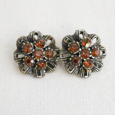 1960s Brown Rhinestone and Silver Clip Earrings 