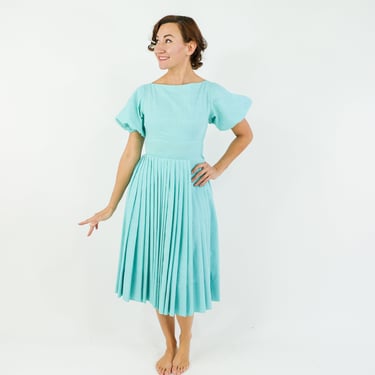 1950s Blue Cotton Dress | 50s Turquoise Blue Dress | XS 