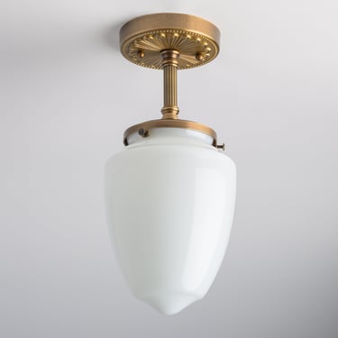 Hand Blown Glass - Semi Flush Lighting - Heavy Gauge Brass Ceiling Light Fixture - White Glass Shade - Historic Design 