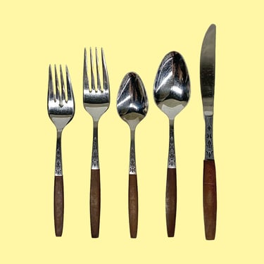 Vintage Silverware Set Retro 1960s Mid Century Modern + Grand Prix + Dior Muffin + 30 Units + Forged Stainless Steel + Faux Wood Handle 
