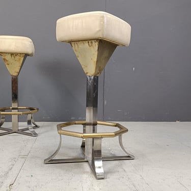 Seventies brass and chrome bar stools, set of 2, 1970s - vintage brass bar stools - golden bar stools - hollywood regency bar stools 