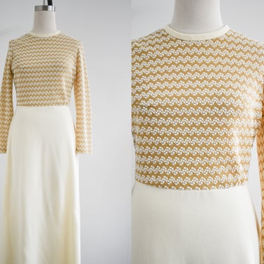 1970s Cream and Metallic Gold Knit Maxi Dress 