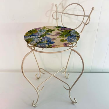 Vintage Small Vanity Chair Mid-Century Heavy Cast Rotating Seat Swivel White Floral 1950s 