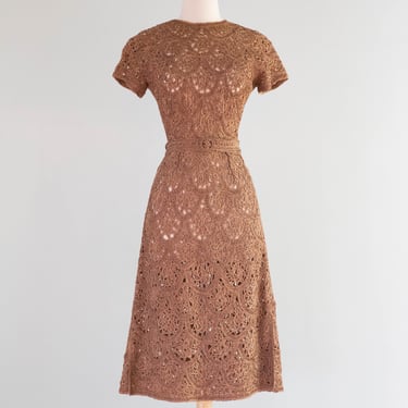 Stunning Early 1950's Cocoa Ribbon Weave Wiggle Dress / Medium