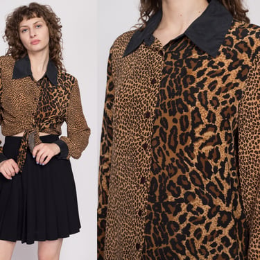 90s Silk Leopard Print Blouse - Large | Vintage Long Sleeve Collared Button Up Top 