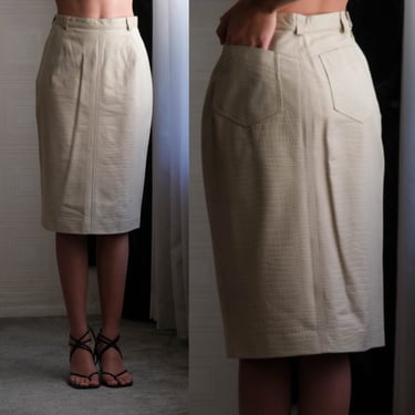 Vintage 80s CLAUDE MONTANA Cream Reptile Embossed Leather High Waisted Skirt | Made in Italy | 100% Genuine Leather | 1980s Designer Skirt 