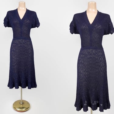 VINTAGE 1950s Navy Blue Orlon Knit Vamp Dress by Kimberly Knitwear | 40s 50s Curvy Bombshell Sweater Dress | VFG 