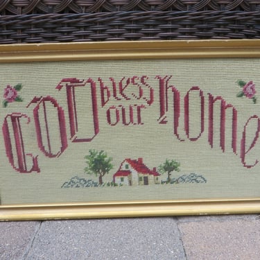 Vintage Needlepoint God Bless Our Home Framed Sampler 