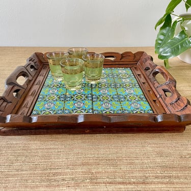 Vintage Mexican Wood Carved Ceramic Tile Serving Tray With Handles - Blue and Green 
