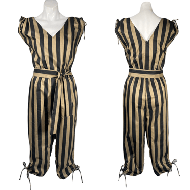 1980's Black and Brown Striped Cotton Jumpsuit Size S