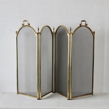 Large French Style Brass Black Mesh Fireplace Screen with Handles in the Style of Adam Style Vintage Mid Century Hollywood Regency 