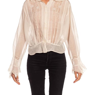 Victorian White Embroidered Cotton Button Up Shirt With Long Sleeves 
