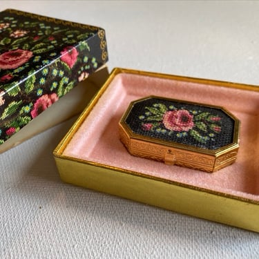 Vintage Avon Unforgettable Glace In Petitpoint Rose Gold Tone Box, Original Box 