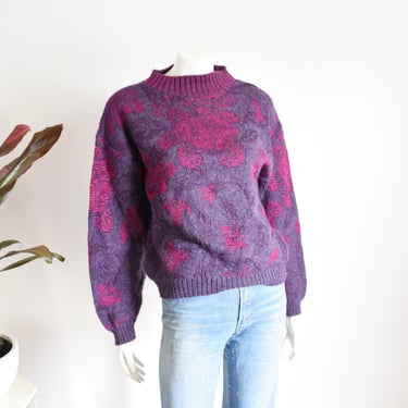 80s Fuchsia Mohair Blend Floral Sweater - S/M 