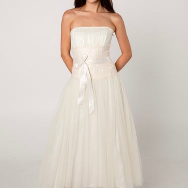 Cream Tulle Lace Strapless Dress