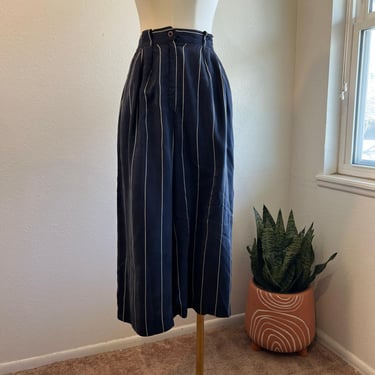 Vintage 90s High Waisted Wide Leg Blue Vertical Striped Silk Trouser Size Small 